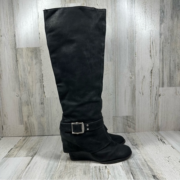 Vince Camuto Alician Leather Black Wedge Heels Buckle Knee High Boots #1299 - Picture 9 of 12
